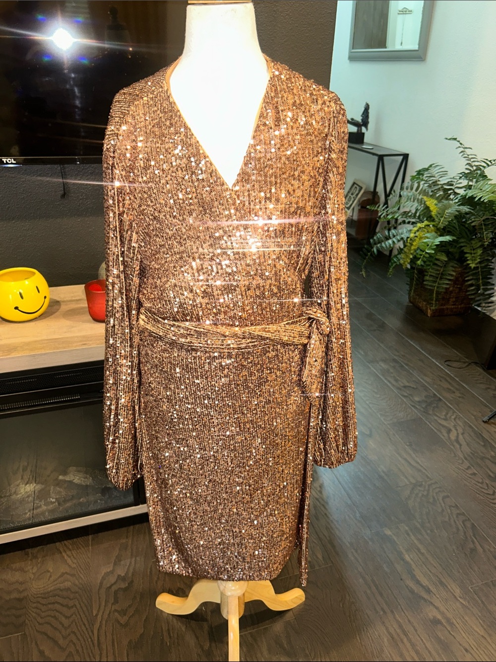 Gianni Bini Metallic Bronze Sequin Wrap Dress with Long Sleeves
